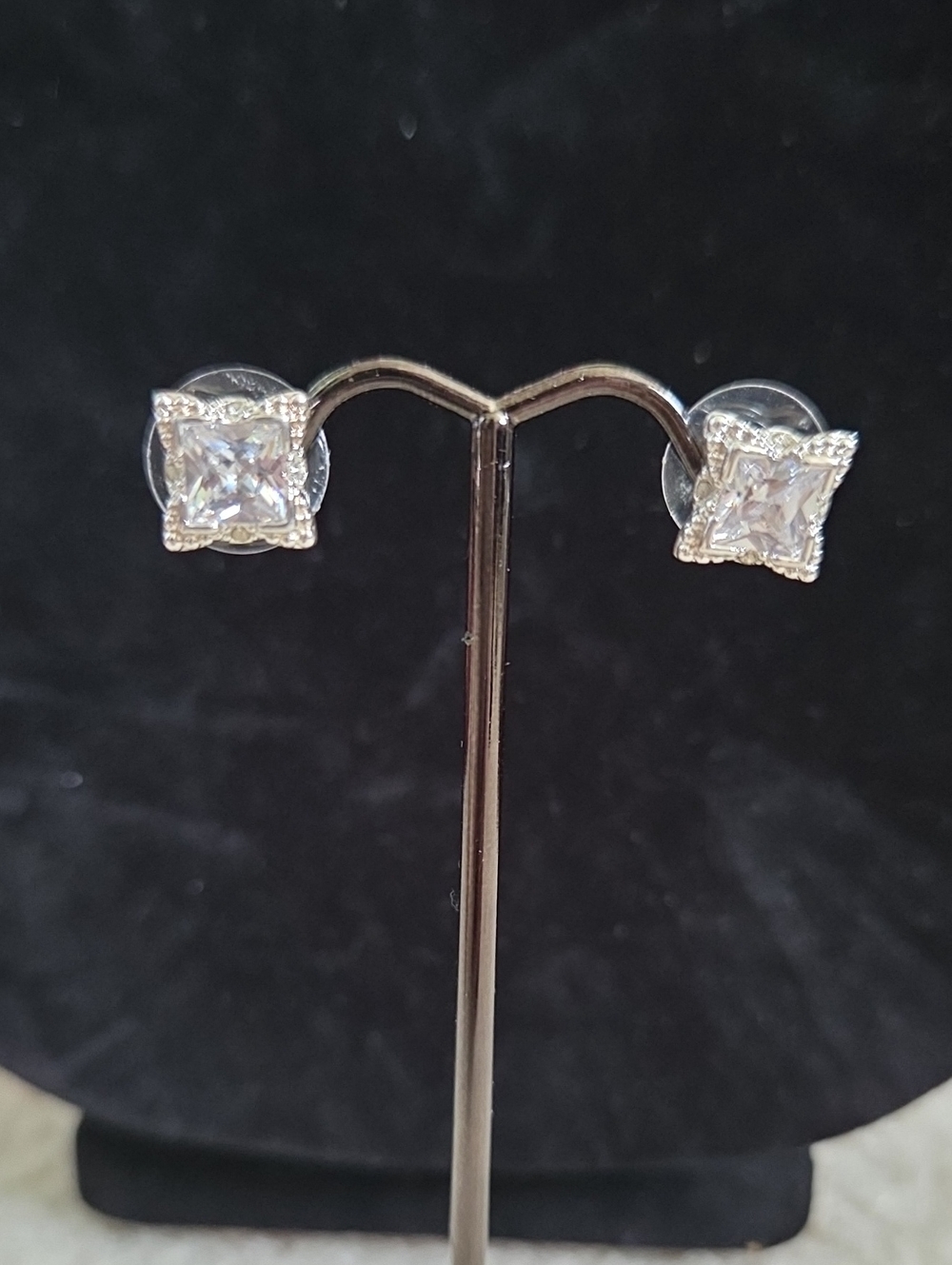Vintage Avon Halo Cz Silver Tone Princess-Cut Cubic Zirconia Stud Earrings